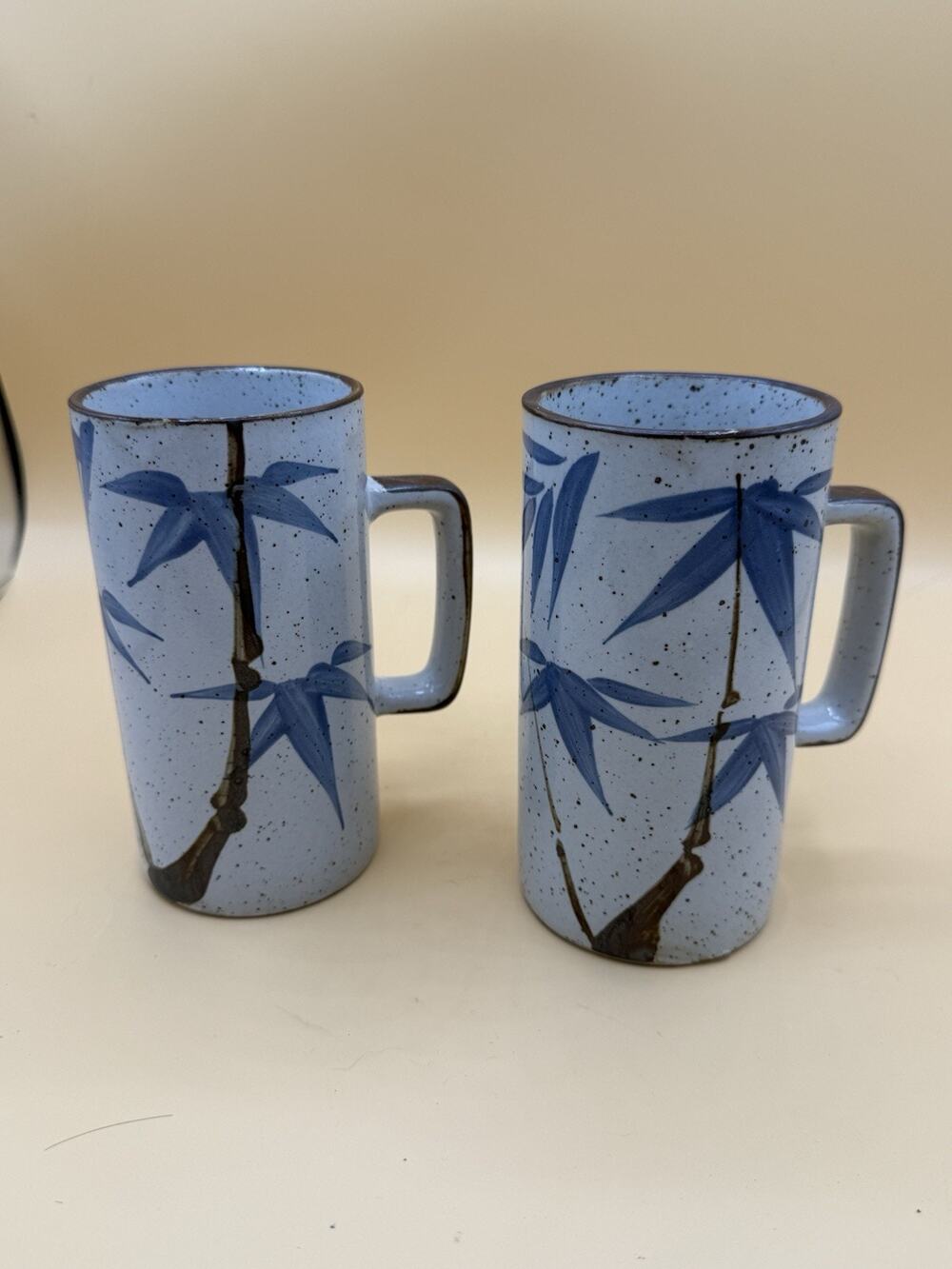Set of 2 Blue Bamboo Stoneware Tall Coffee Mugs Speckled Asian Style